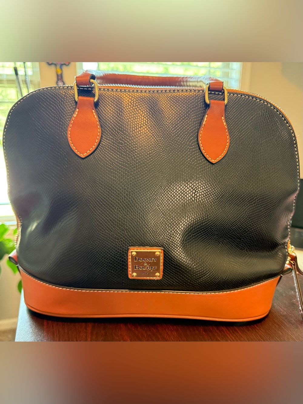 Dooney & Bourke Black with Saddle Trim Pebbled Leather Domed Tote